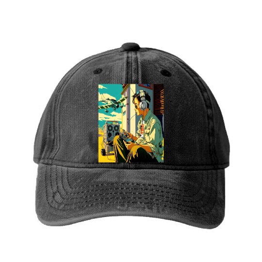 Miniature Plane Lover Cool Retro Radio Controlled Washed Denim Baseball Caps