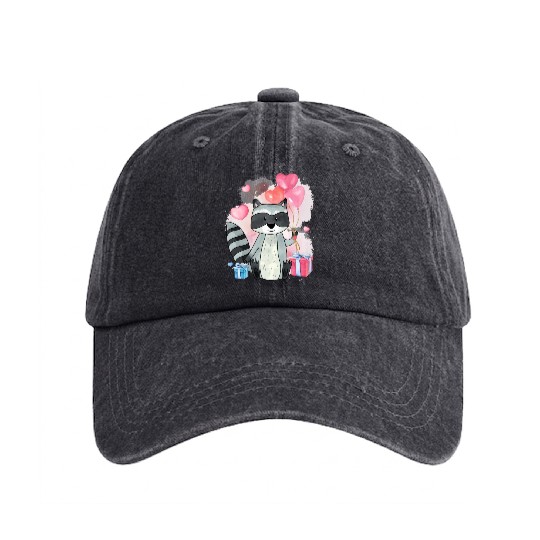 Raccoon Valentines Day Trash Panda Raccoon lover Washed Denim Baseball Caps