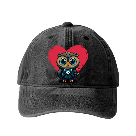 Valentine's Day Romance with Adorable Owl Groom Washed Denim Baseball Caps