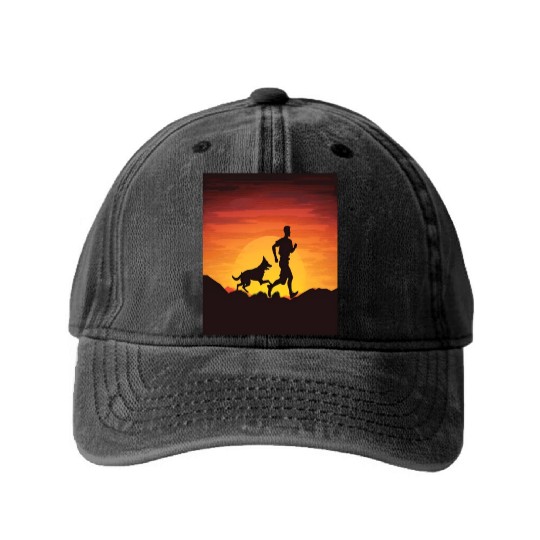 Runner Dog Animal Lover Dog Dad Silhouette Washed Denim Baseball Caps