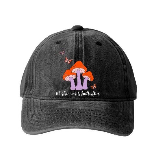 Mushrooms Butterflies Design Washed Denim Baseball Caps