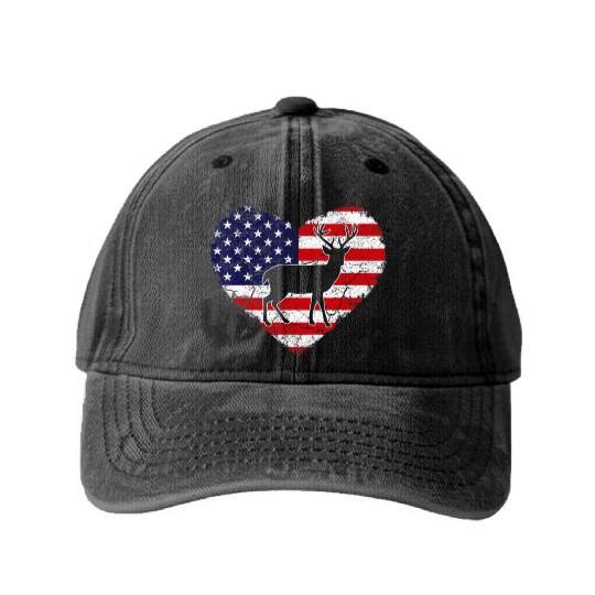 Vintage Deer Animal Lover American Flag Valentine Washed Denim Baseball Caps