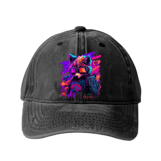 cyberpunk synthwave cool fox Washed Denim Baseball Caps