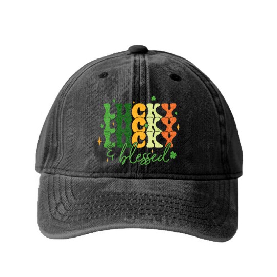 Lucky and Blessed St Patrick's Day Washed Denim Baseball Caps