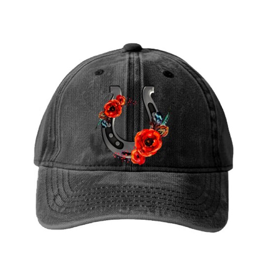 Floral Horseshoe With Poppies Washed Denim Baseball Caps