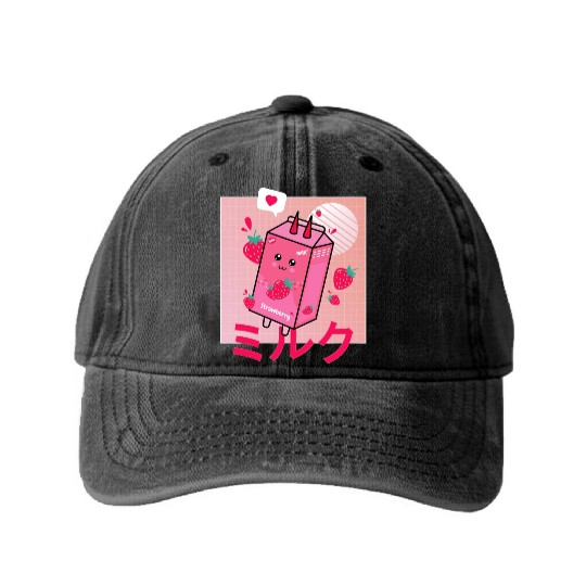 Strawberry Milk Shake Funny Retro 90s Japanese Washed Denim Baseball Caps