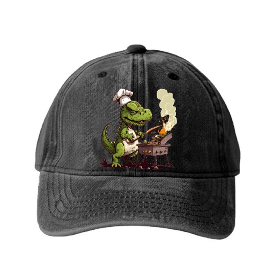 Baby Dinosaur Using A Charcoal Grill Cooking Meat Washed Denim Baseball Caps