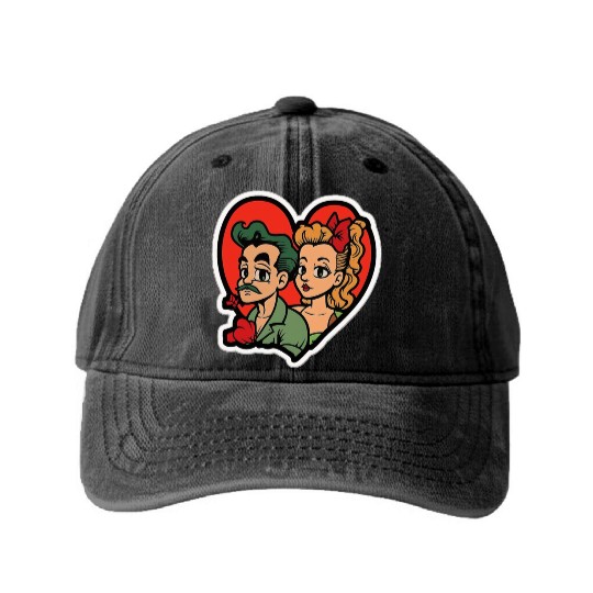 Lovely Couple In Valentine’s Day Washed Denim Baseball Caps