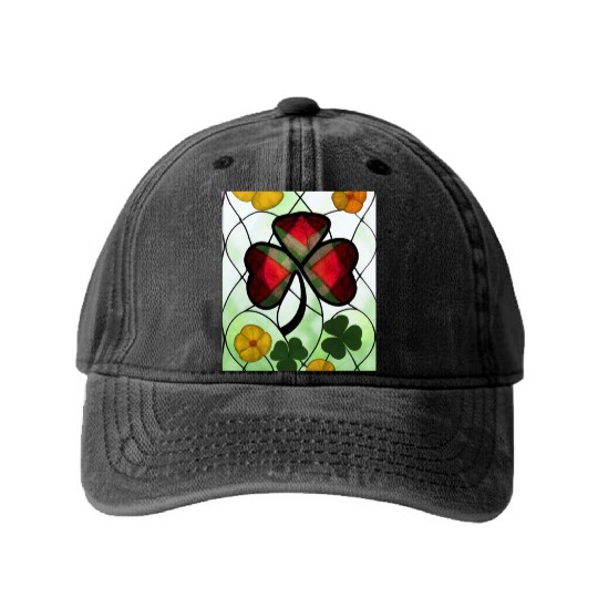 Red plaid Shamrock with Yellow Poppies (AI Art) Washed Denim Baseball Caps
