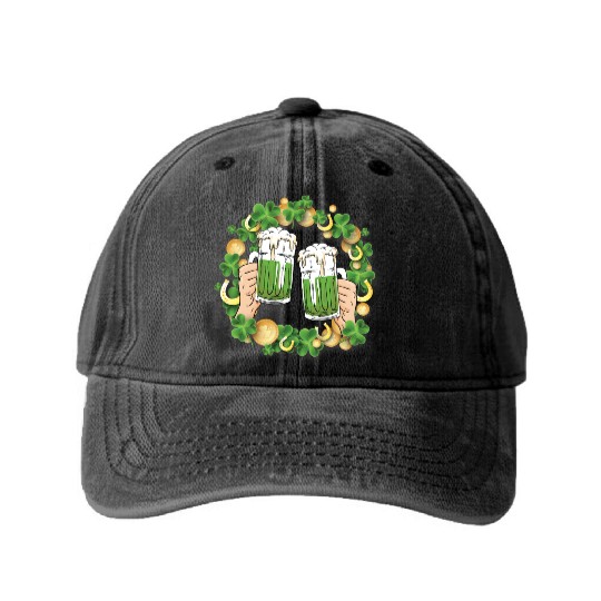 St. Patrick's Day Irish Green Beer, Wine Cups Washed Denim Baseball Caps