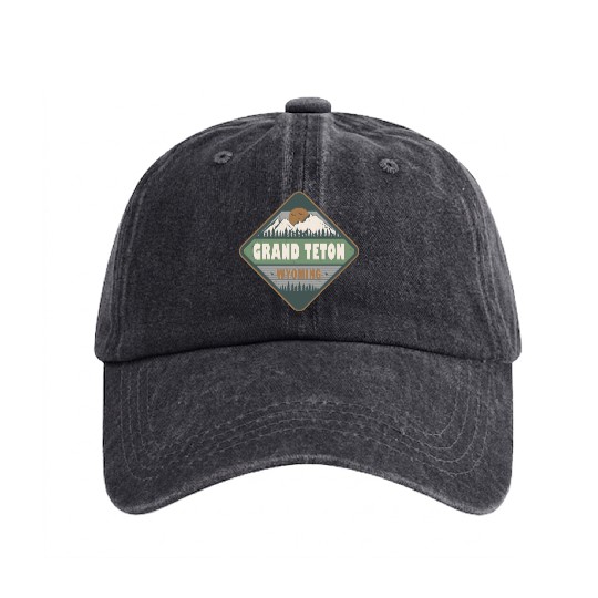 Grand Teton Wyoming US Vintage Hiking Design Washed Denim Baseball Caps