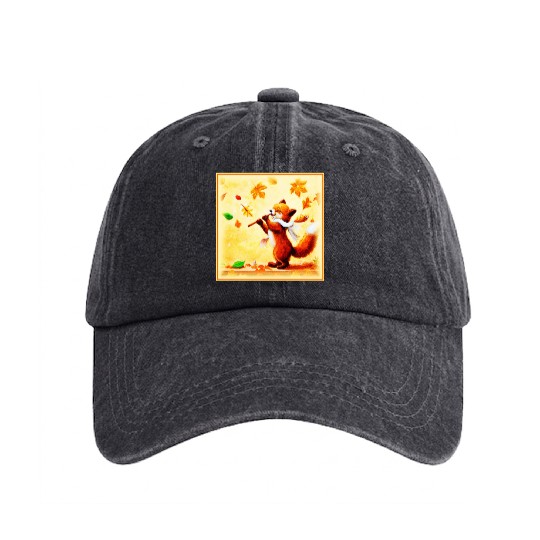 Painting Of a Happy Singing Red Fox. Buy Now Washed Denim Baseball Caps