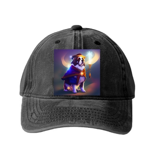 Saint Bernard Dog as a Wizard Washed Denim Baseball Caps