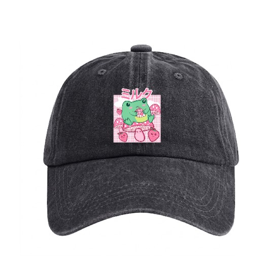 Cottagecore Aesthetic Kawaii Frog Drinking Japanes Washed Denim Baseball Caps