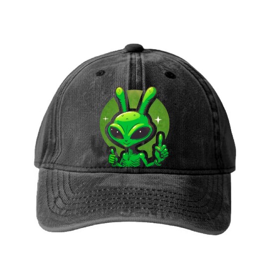 Happy green Alien Washed Denim Baseball Caps