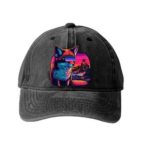Retro Futuristic Synthwave Fox Washed Denim Baseball Caps