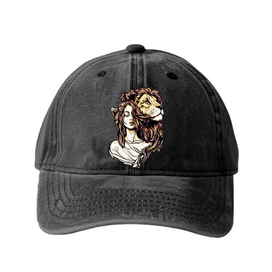 Queen Lion Woman Elf Fantasy Art Lovers Lion Lover Washed Denim Baseball Caps