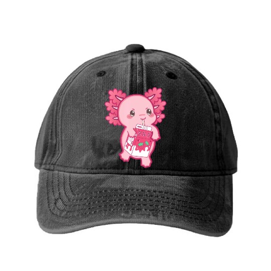 Kawaii Axolotl Strawberry Milk Teen Girl Kids Japa Washed Denim Baseball Caps