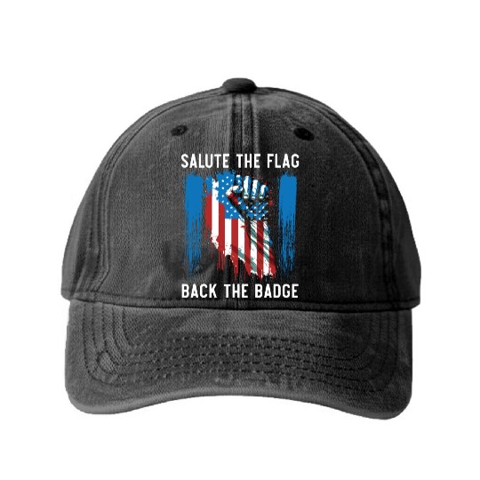 Salute The Flag Back The Badge Cop Law Enforcement Washed Denim Baseball Caps