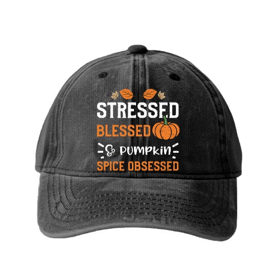 Stressed Blessed & Pumpkin Spice... Washed Denim Baseball Caps