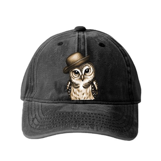 owl wearing derby hat - brown color Washed Denim Baseball Caps