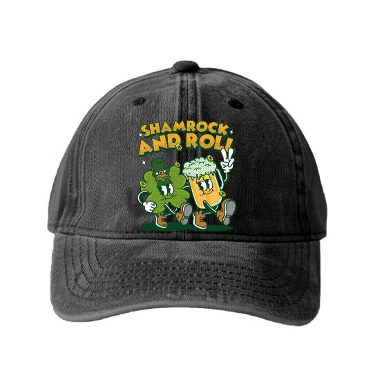 Shamrock and roll st patricks day retro cartoon Washed Denim Baseball Caps