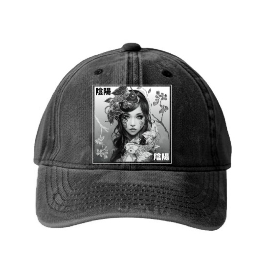 Yin Yang Koi Fish Gothic Emo Japanese Cherry Bloss Washed Denim Baseball Caps