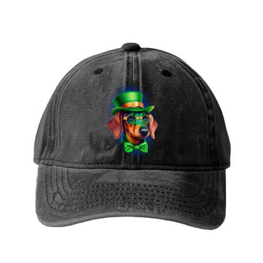 St. Patricks Day Dachshund Wiener Dog Shamrock Washed Denim Baseball Caps