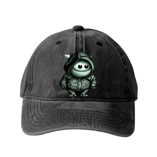 Goofy Looking Monster Green Washed Denim Baseball Caps