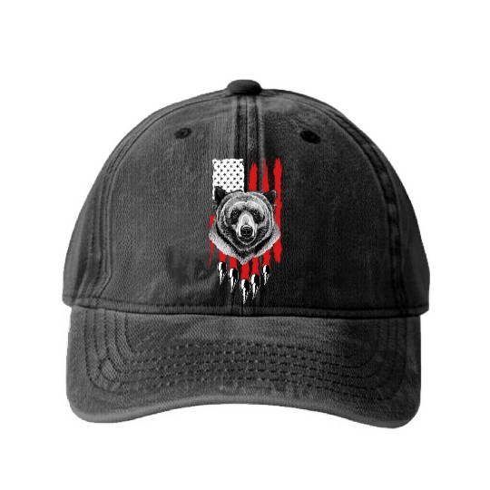 American US Flag Claw Grizzly Bear Hunting Patriot Washed Denim Baseball Caps