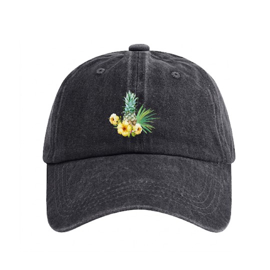 Tropical Flower Pineapple Summer Girl Hawaii Washed Denim Baseball Caps