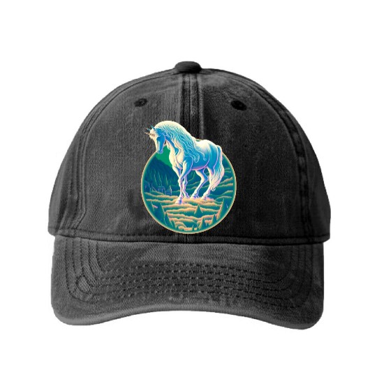 Unicorn in Mountain Landscape Washed Denim Baseball Caps