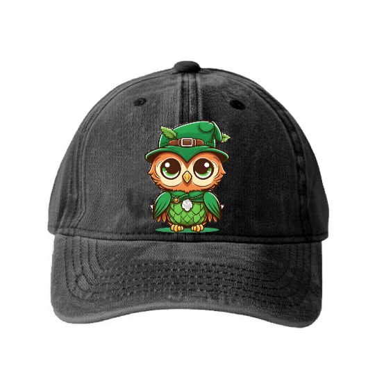 st patricks day owl wearing a hat Washed Denim Baseball Caps
