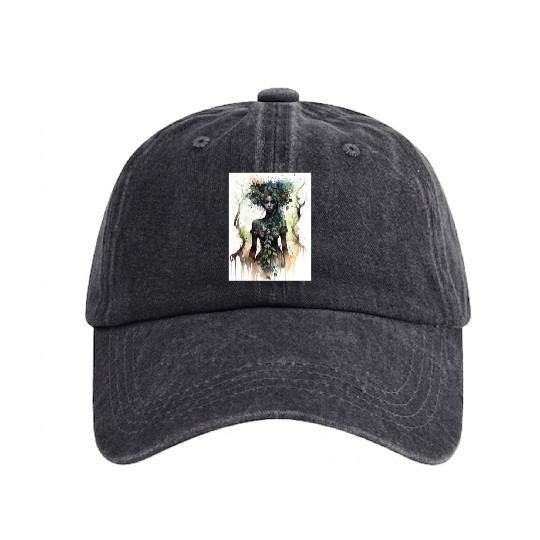 Black Nature Goddess - African American, Woodland Washed Denim Baseball Caps