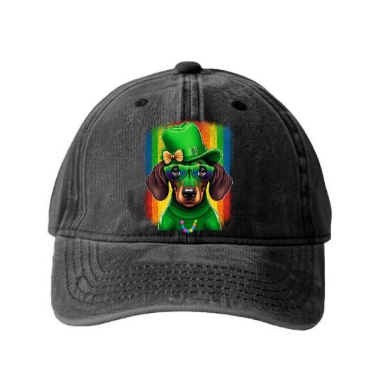 St. Patricks Day Dachshund Wiener Dog Shamrock Washed Denim Baseball Caps