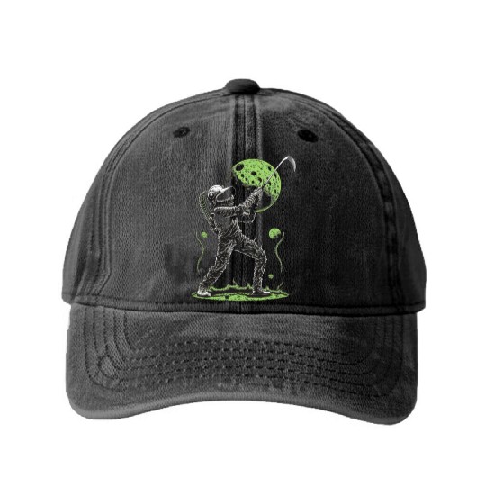 Alien Playing Golf Golfer UFO Extraterrestrial Washed Denim Baseball Caps