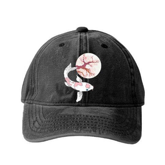 Koi Sakura Tree Moon Cherry Blossom Nishikigoi Jap Washed Denim Baseball Caps