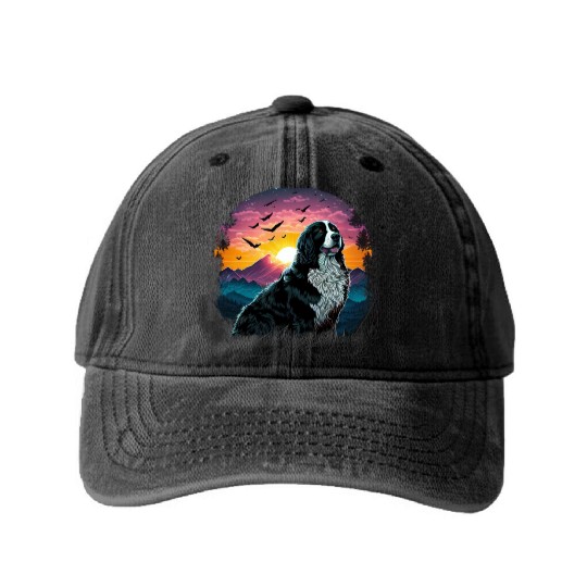 Bernese Mountain Dog with Mountain Sunrise view Washed Denim Baseball Caps