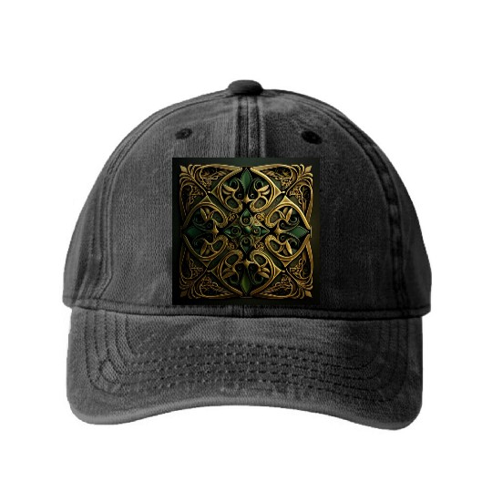 Green Bronze Ornamental Plaid Decoration Pattern Washed Denim Baseball Caps