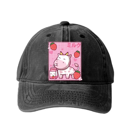 Kawaii Pink Strawberry Cow Milk Shake Otaku Anime Washed Denim Baseball Caps