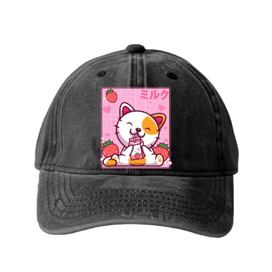 Kawaii Kitten Cute Cat Strawberry Milk Shake Washed Denim Baseball Caps