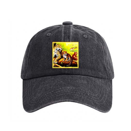 Jaguar Mom and Cubs Relaxing in Jungle. Buy Now Washed Denim Baseball Caps