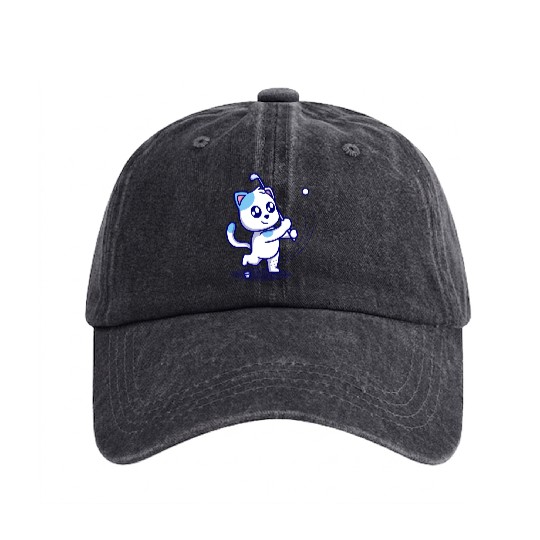 Cute cat playing golf cartoon icon illustration Washed Denim Baseball Caps