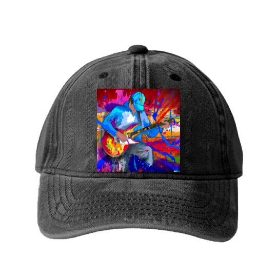 Guitar Player Graffiti Art Washed Denim Baseball Caps