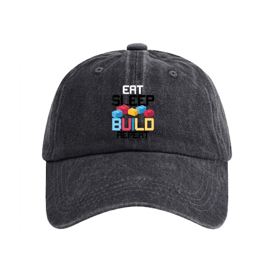 Funny Eat Sleep Build Gift Men Women Cool Blocks Washed Denim Baseball Caps