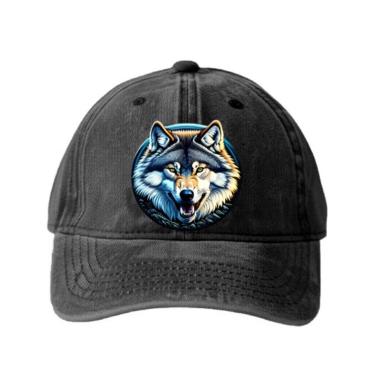 A fierce wolf howling at the moon Washed Denim Baseball Caps