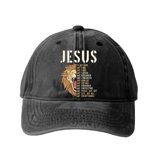 Jesus Is My God Lion Of Judah Christian Religious Washed Denim Baseball Caps