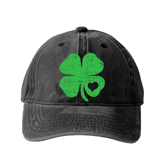 Green Four Leaf Clover Heart - St Patricks Day4 le Washed Denim Baseball Caps
