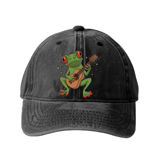 Red Eyed Frog playing Guitar Design for a Guitar Washed Denim Baseball Caps