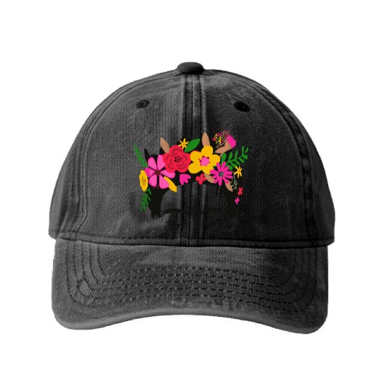 Frida Kahlo Illustration Floral Boho Style Mexican Washed Denim Baseball Caps